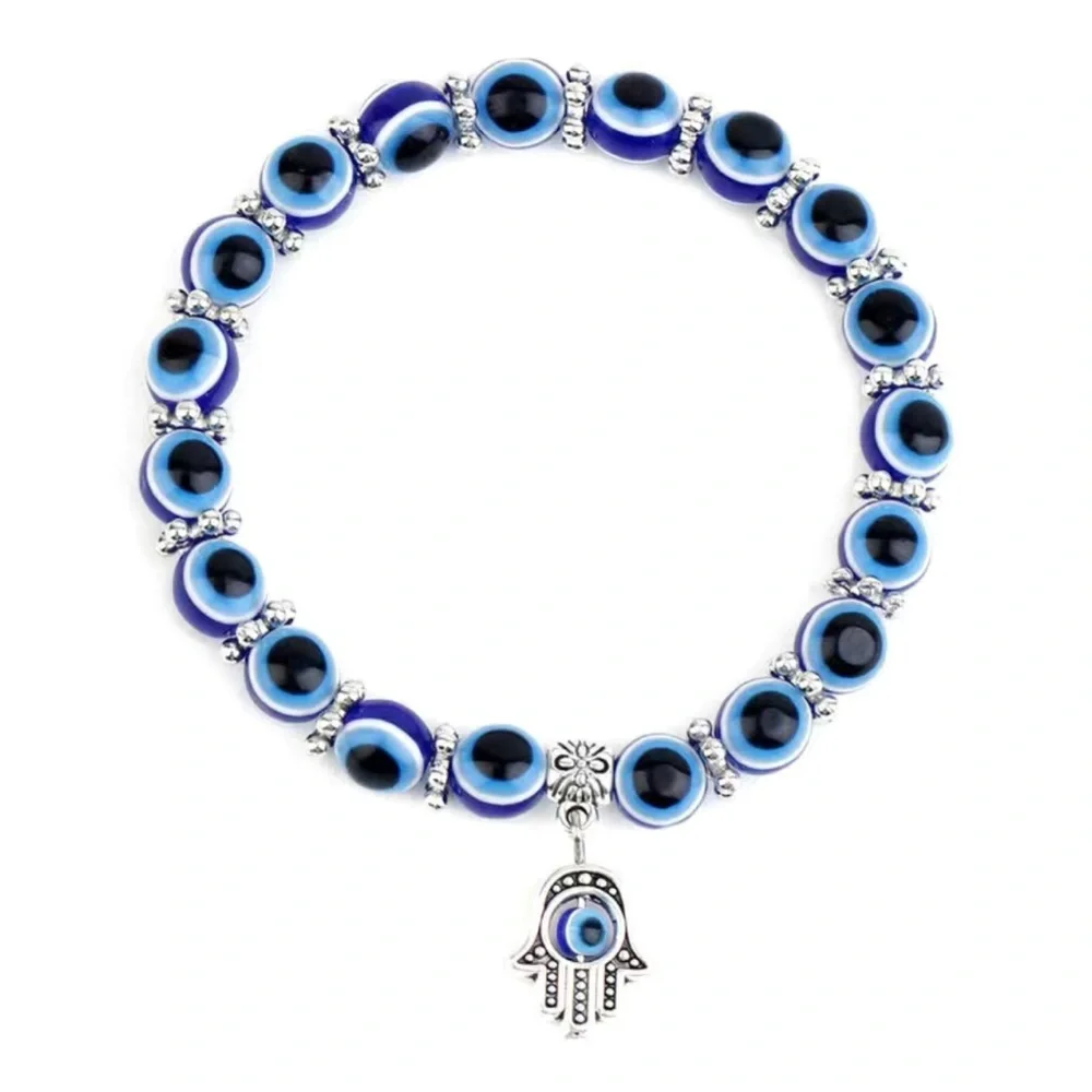 Blue Beaded Evil Eye Stretch Charm Bracelet - Picture 7 of 7